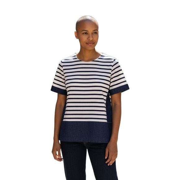 AG Adriano Goldschmied Tops - AG Adriano Goldschmied Striped Denim Short Sleeve Top XS Navy White Back Zipper
